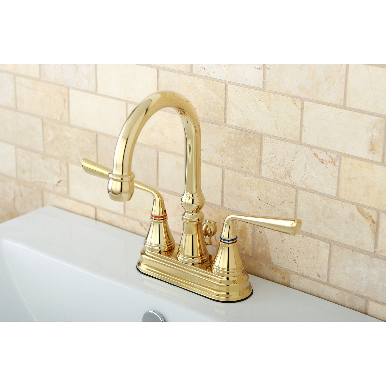 Kingston Tulare KS2612ZL - Silver Sage Double-Handle 3-Hole Deck Mount 4-Inch Centerset Bathroom Faucet with Brass Pop-Up, Polished Brass — thumbnail 2